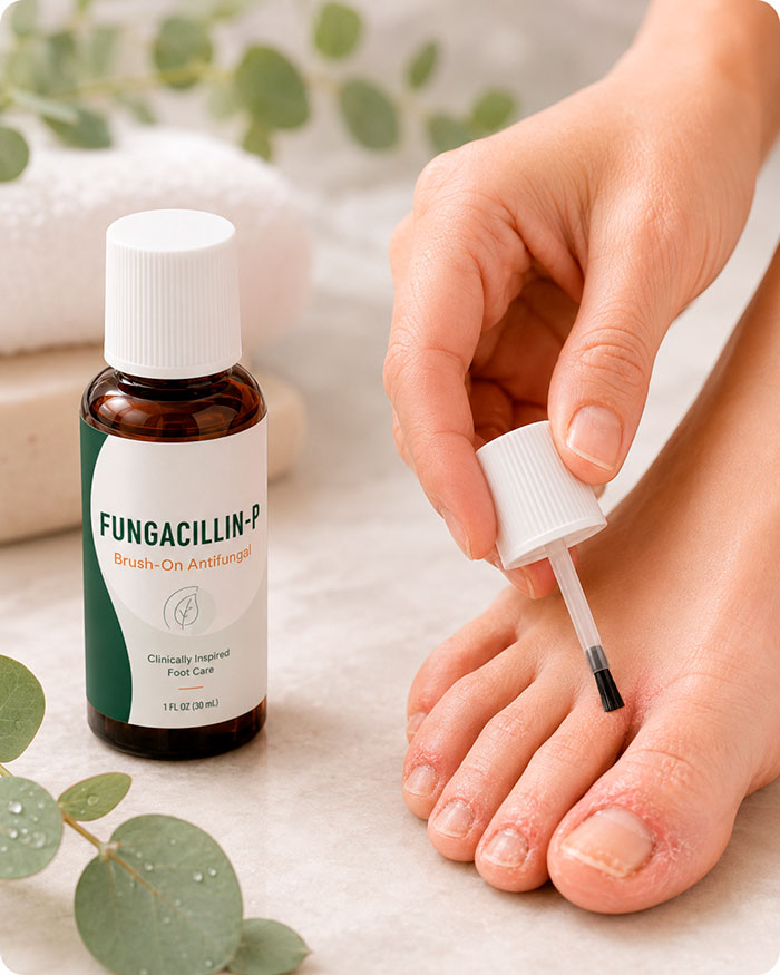 Fungacillin-P brush-on topical antifungal being applied around the toes